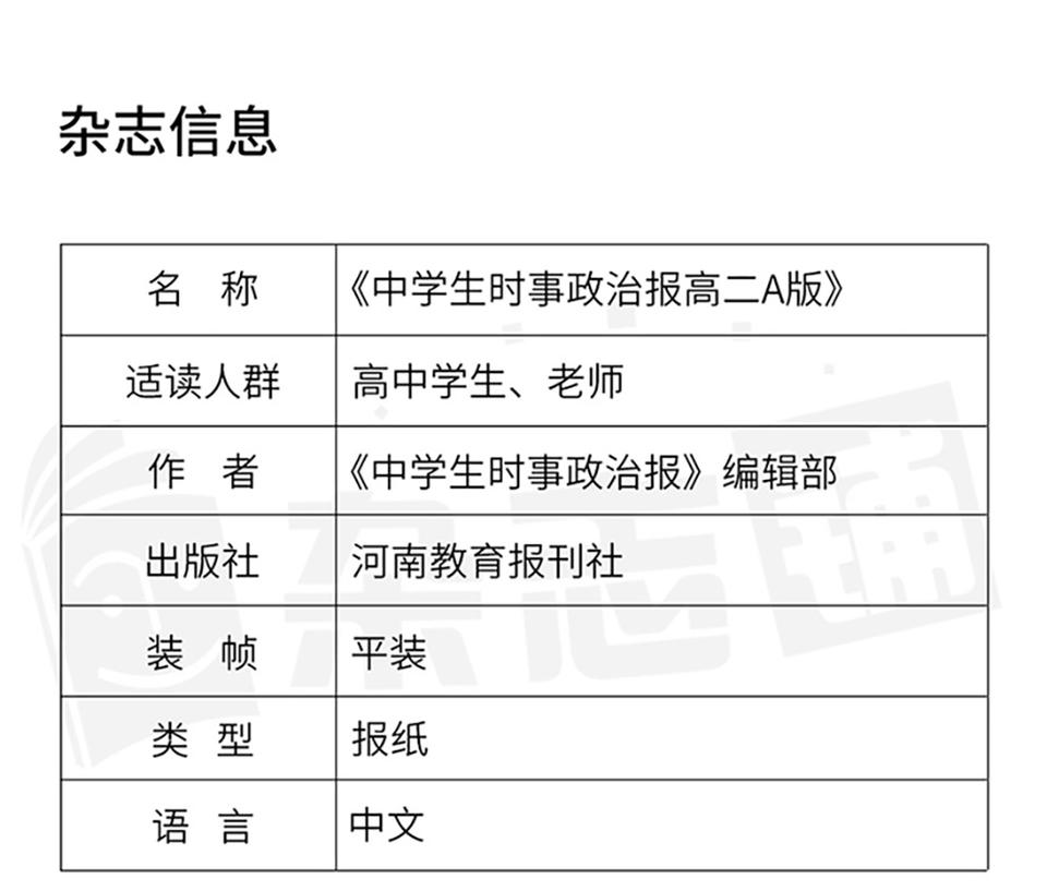 杂志名称：中学生时事政治报高二                  月定价：5元