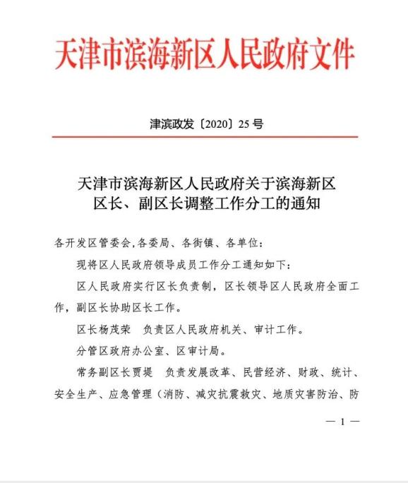 最新！滨海新区区长、副区长调整工作分工