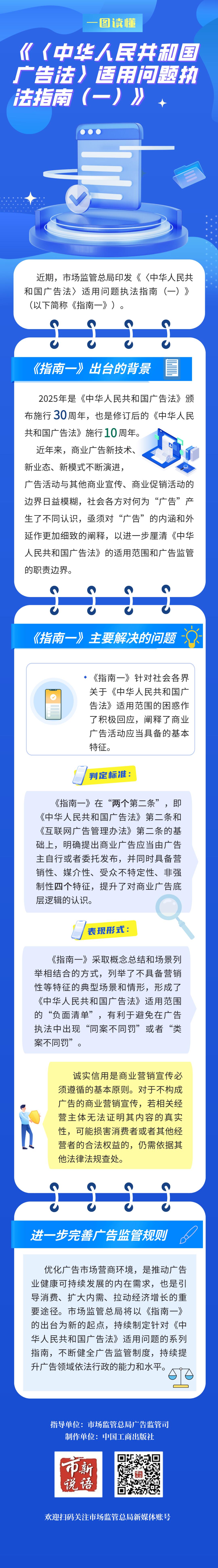 市场监管总局印发《〈中华人民共和国广告法〉适用问题执法指南（一）》（附一图读懂）