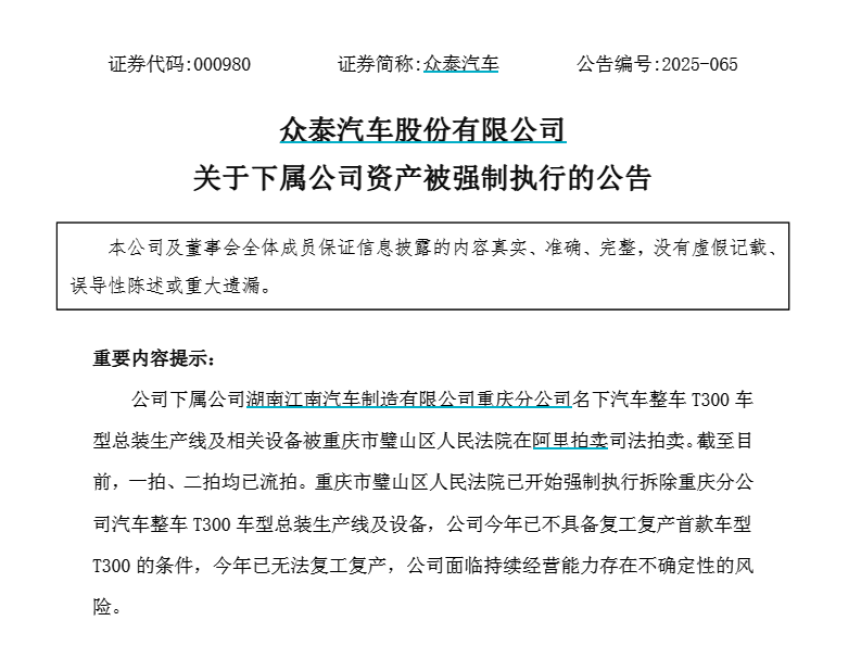 突发利空！众泰汽车：T300车型年内无法复工复产！