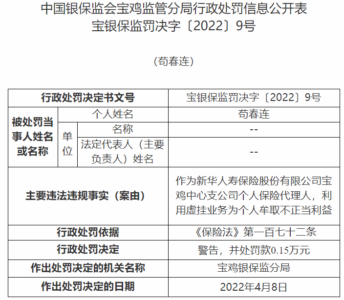 新华保险宝鸡中心支公司11人利用虚挂业务为个人牟取不正当利益
