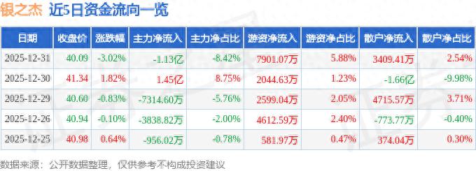 银之杰（300085）12月31日主力资金净卖出1.13亿元