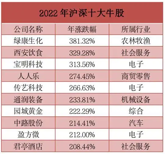 2022年十大牛熊股出炉：89万股民损失超60%，明星白马股市值蒸发千亿元，头号牛股狂涨381%